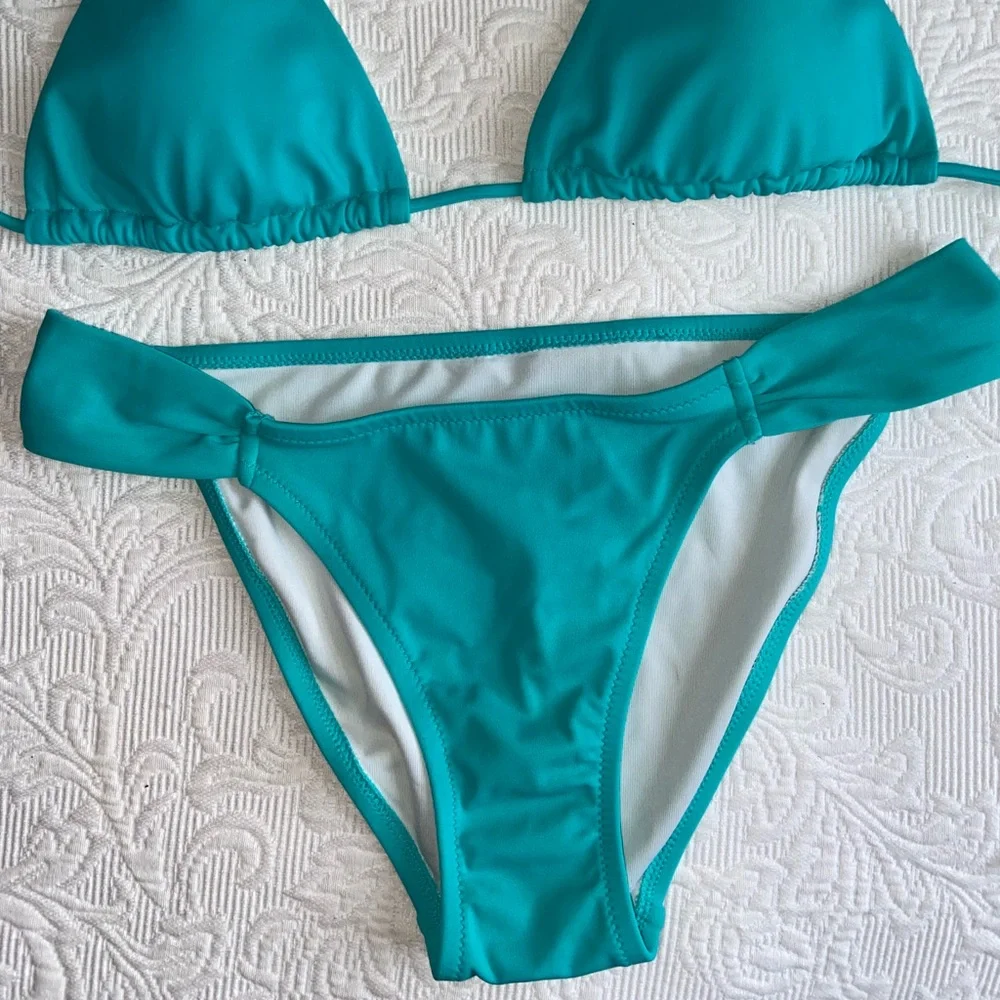 Victorias Secret Turquoise Blue string Triangle Bikini high waist M bathing suit - Picture 3 of 4